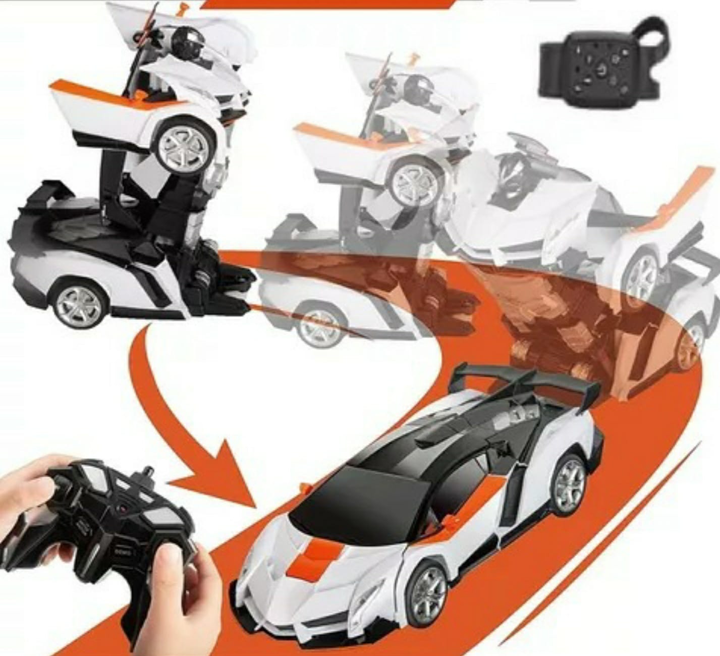 Carro Transformer Radio Control Con Sensor Robot Car Color Blanco Con Naranja.