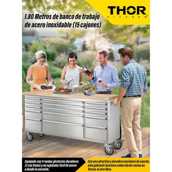 Isla de Cocina Profesional De Acero Inoxidable de 1.8 M y 15 Cajones Thor Kitchen HTC7215W1 -2.