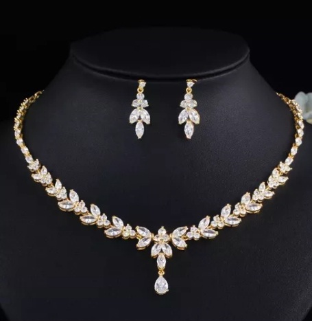 Fino Set Collar Y Aretes Novia dorado Zirconia Cz Corte Diamante hoja de olivo