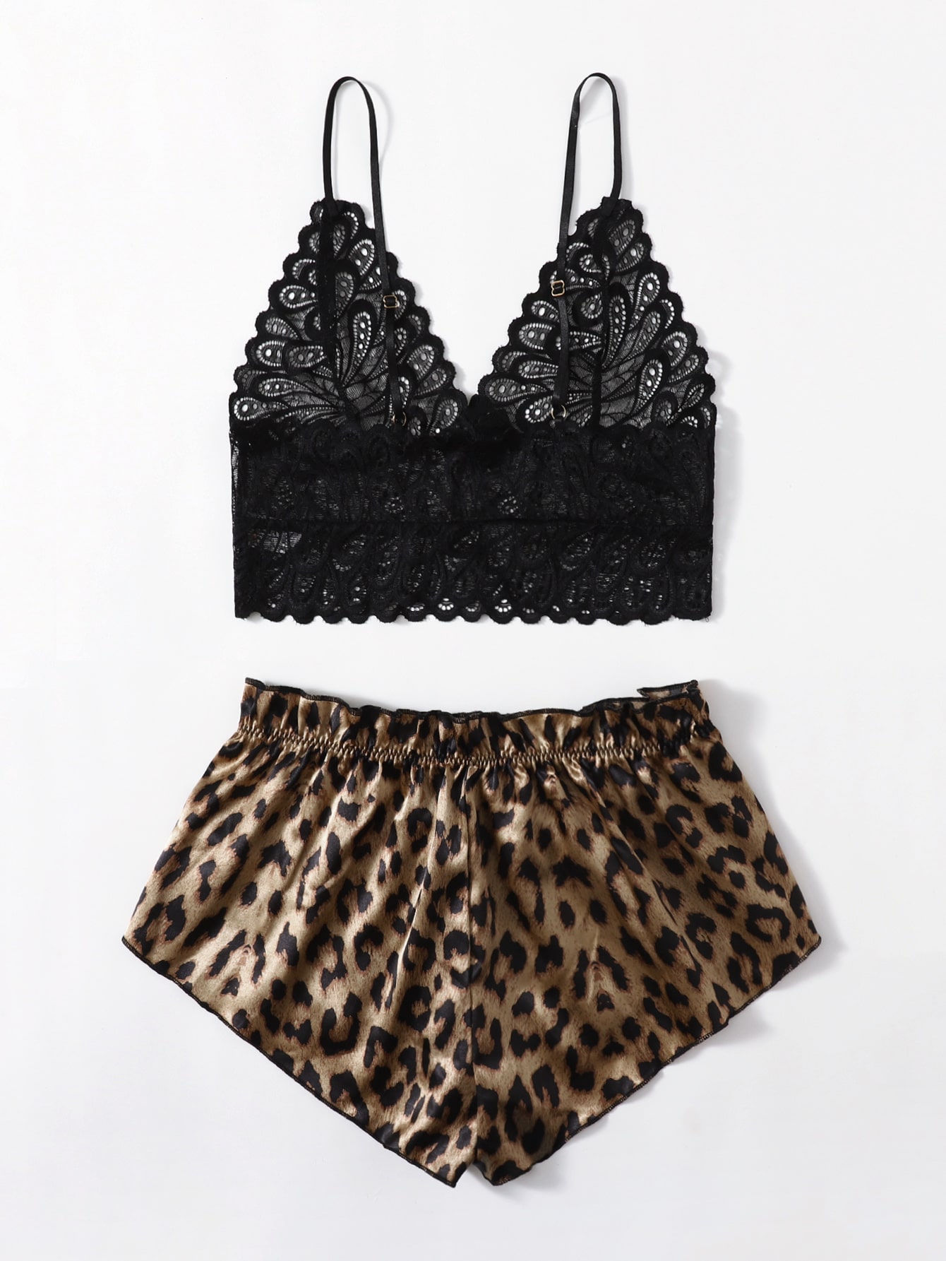 Set de pijama con encaje floral y short de satén con diseño de animal print para mujer