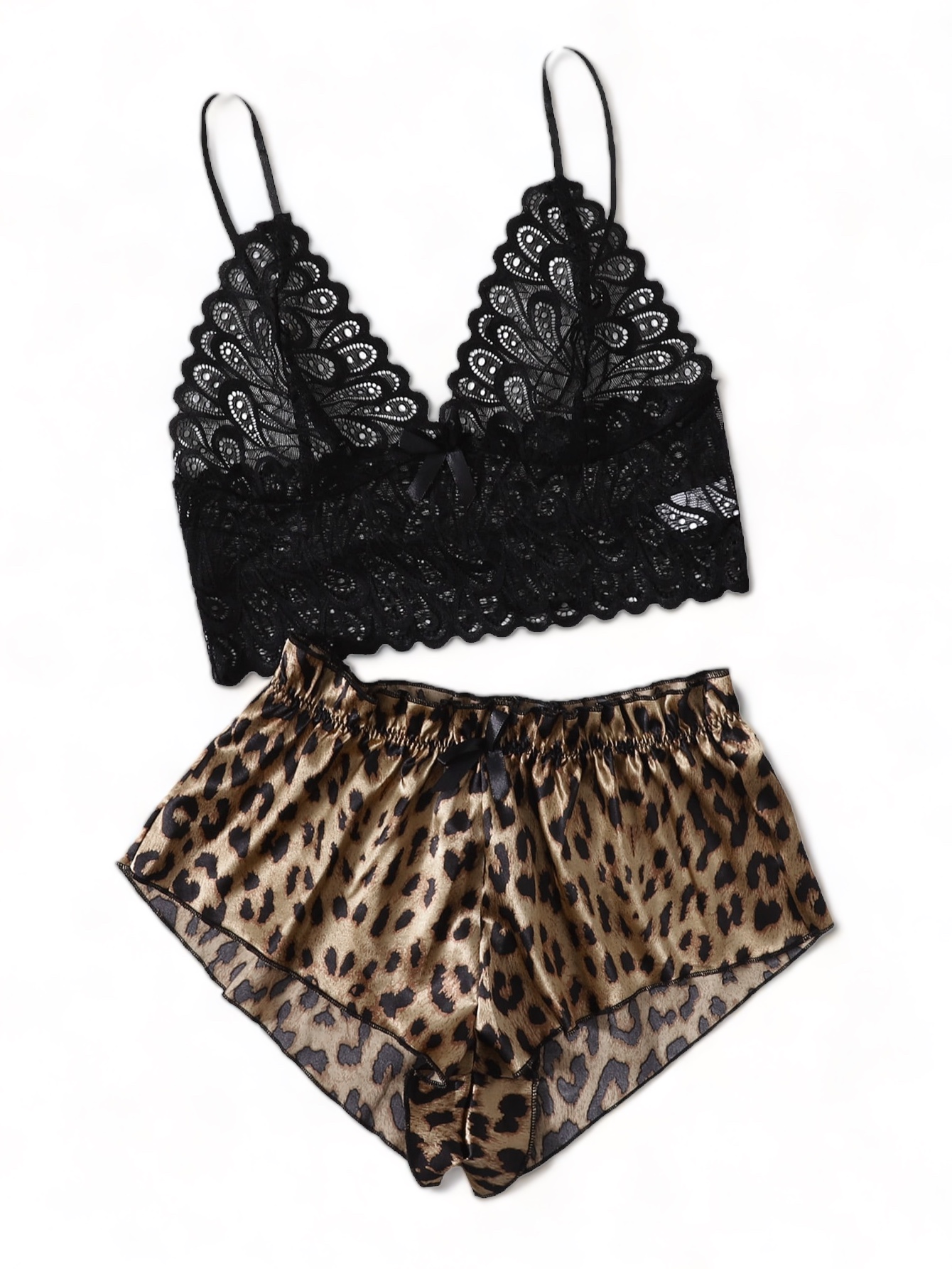Set de pijama con encaje floral y short de satén con diseño de animal print para mujer