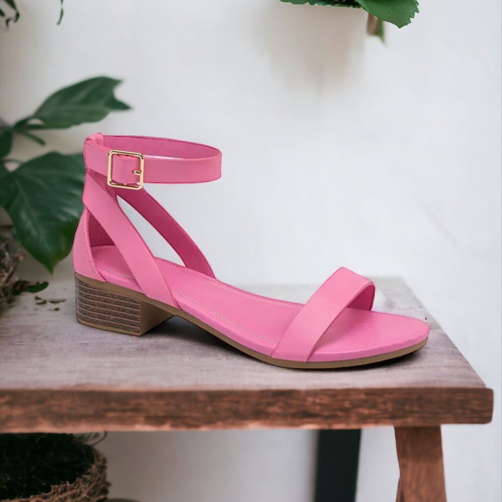 Sandalias con tacón bajo y correa en el tobillo de unicolor para mujer