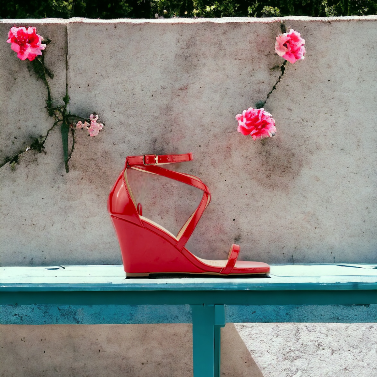 Sandalias elegantes de cuña con tacón corrido medio con tiras de charol y correa ajustable para mujer color rojo.