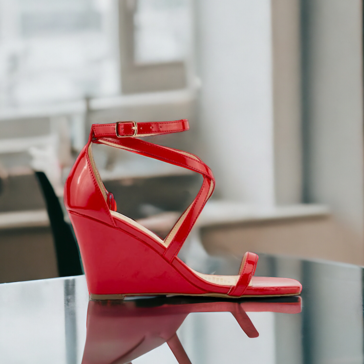 Sandalias elegantes de cuña con tacón corrido medio con tiras de charol y correa ajustable para mujer color rojo.