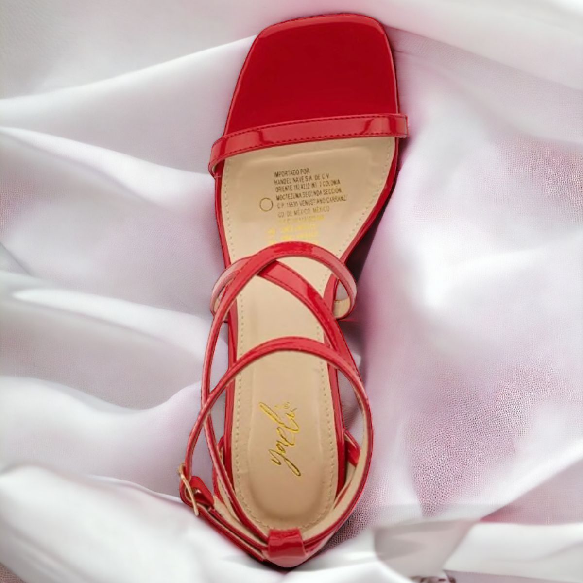 Sandalias elegantes de cuña con tacón corrido medio con tiras de charol y correa ajustable para mujer color rojo.