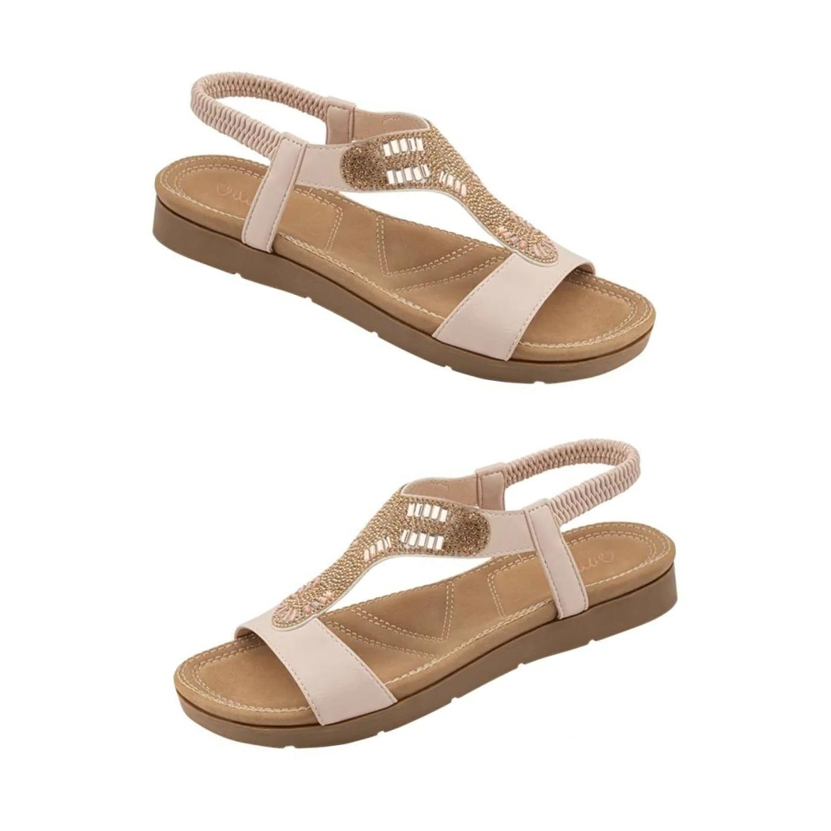 Sandalias casuales de piso con correa de rápido ajuste con diseño de chaquira para mujer