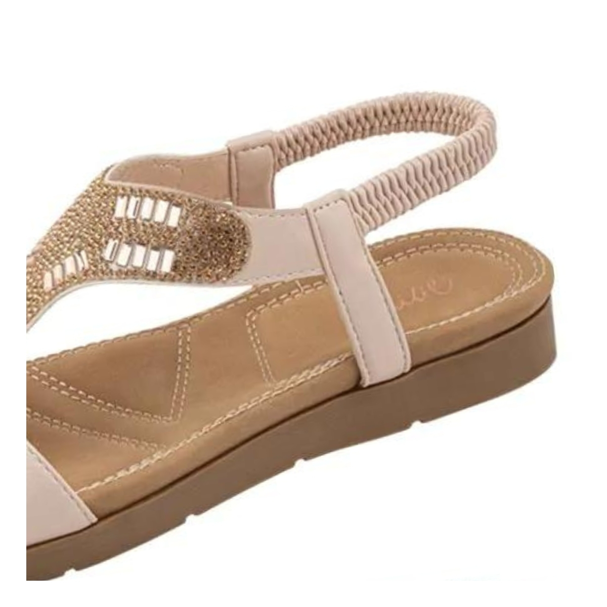 Sandalias casuales de piso con correa de rápido ajuste con diseño de chaquira para mujer