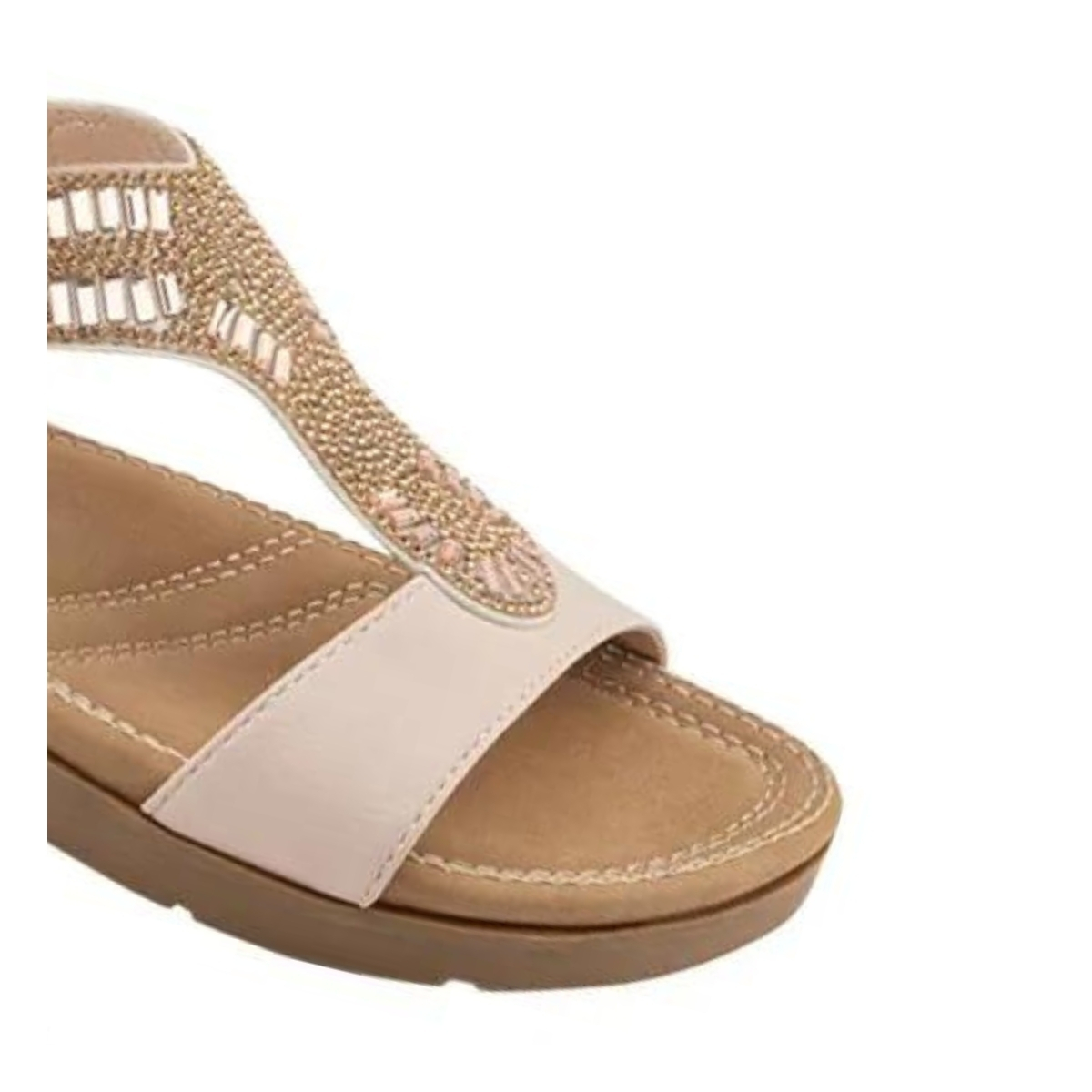 Sandalias casuales de piso con correa de rápido ajuste con diseño de chaquira para mujer