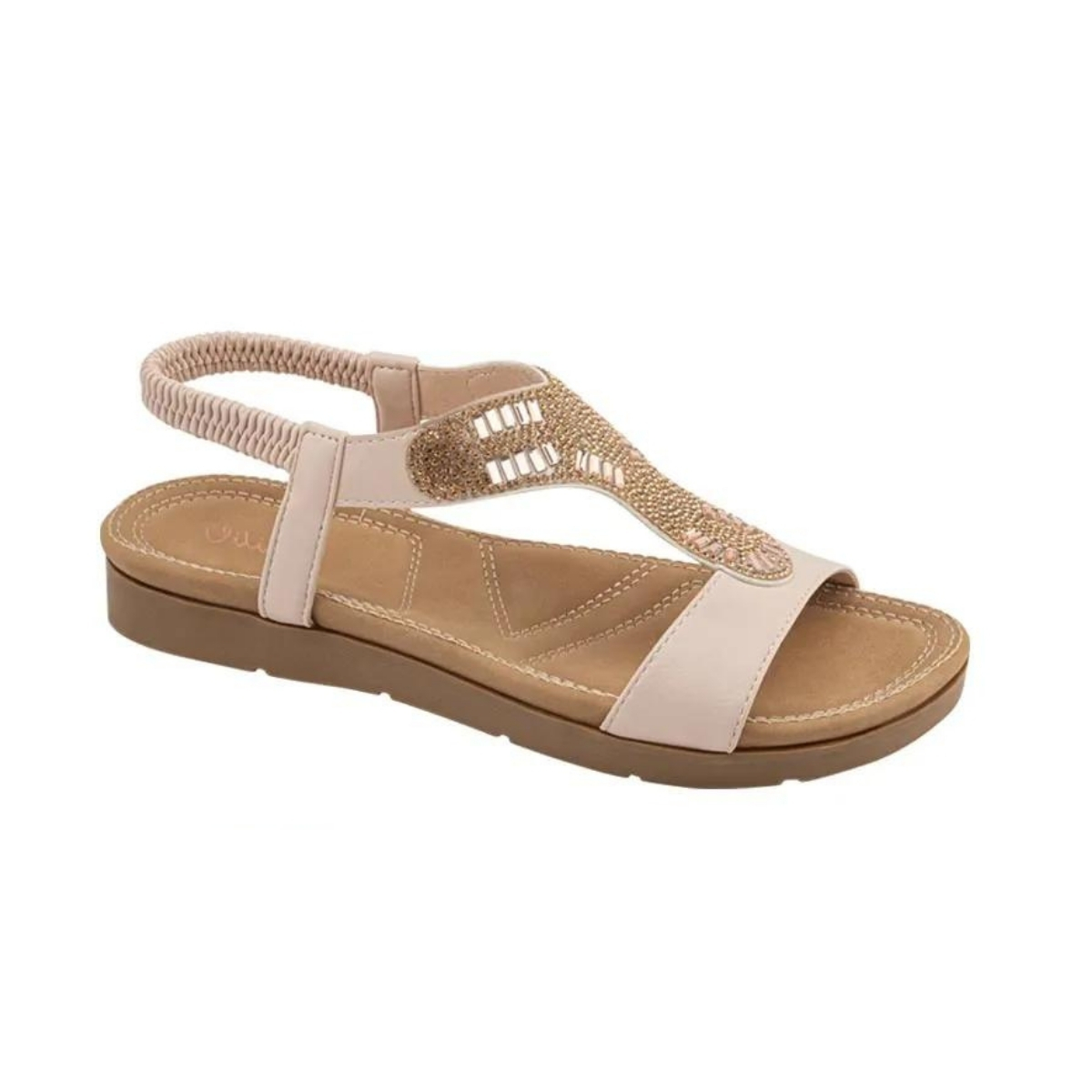 Sandalias casuales de piso con correa de rápido ajuste con diseño de chaquira para mujer