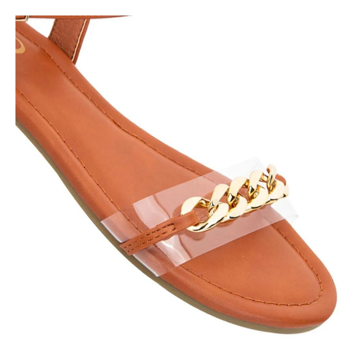 Sandalias planas casuales con adorno de cadena dorada y tira transparente ajustable en el tobillo para mujer