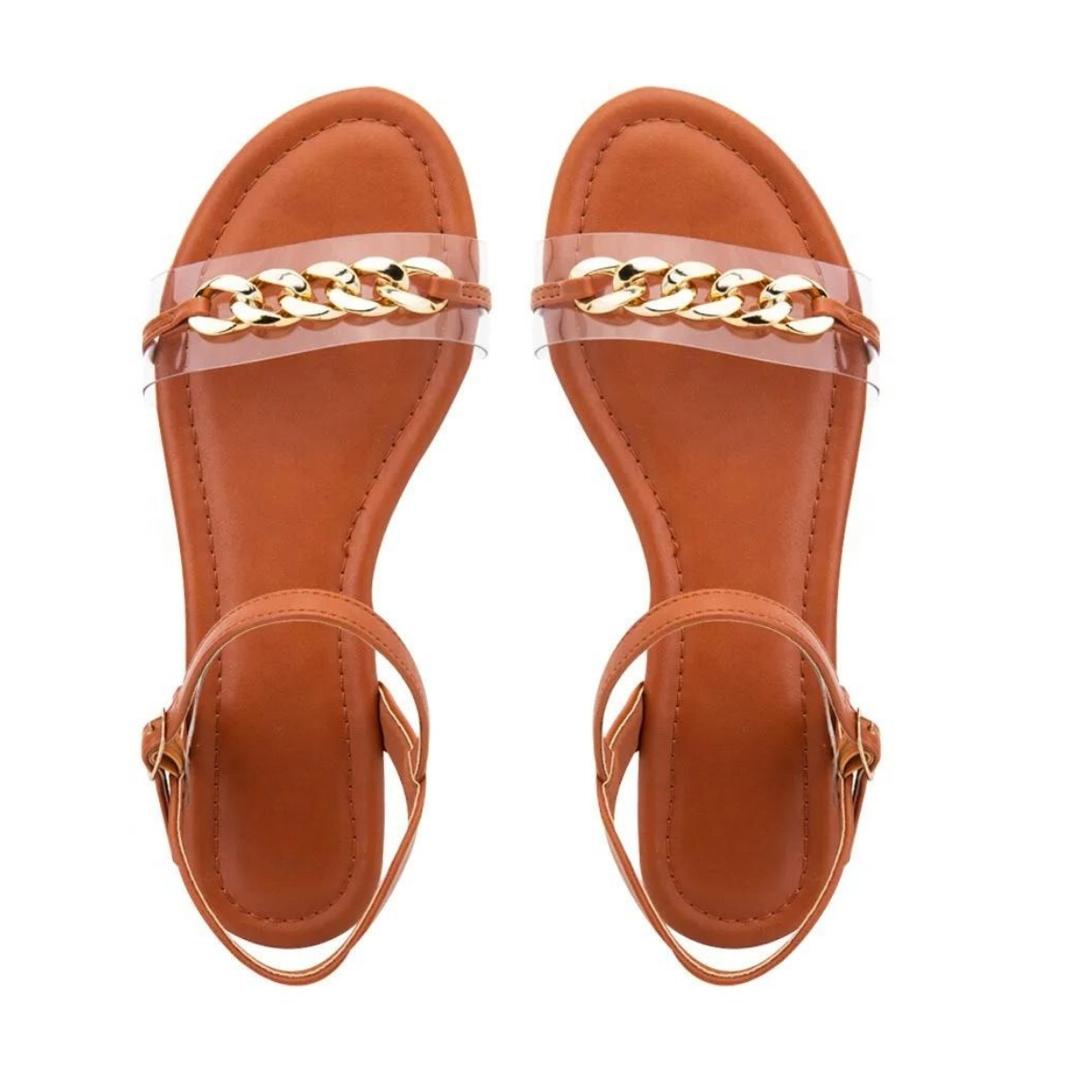 Sandalias planas casuales con adorno de cadena dorada y tira transparente ajustable en el tobillo para mujer
