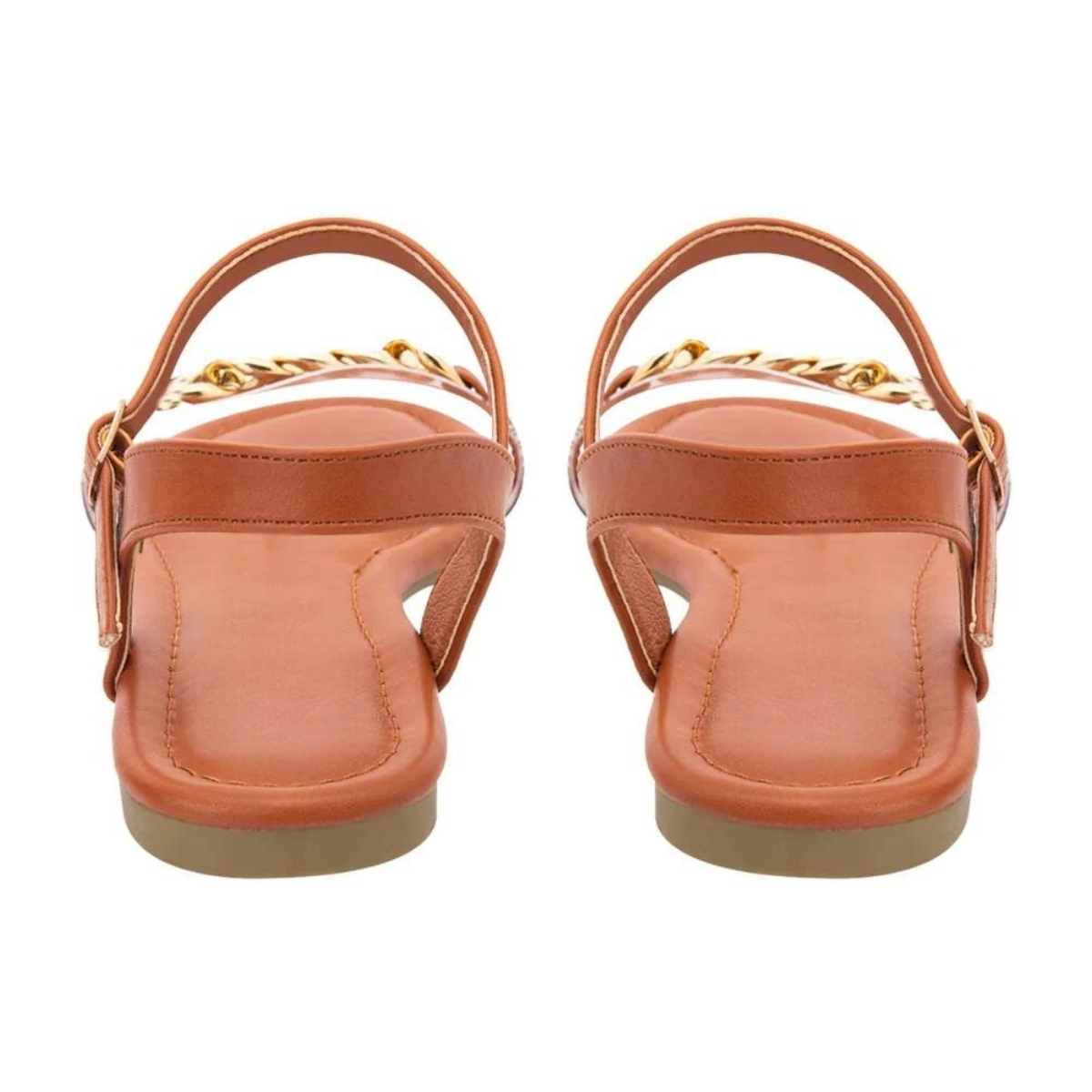Sandalias planas casuales con adorno de cadena dorada y tira transparente ajustable en el tobillo para mujer