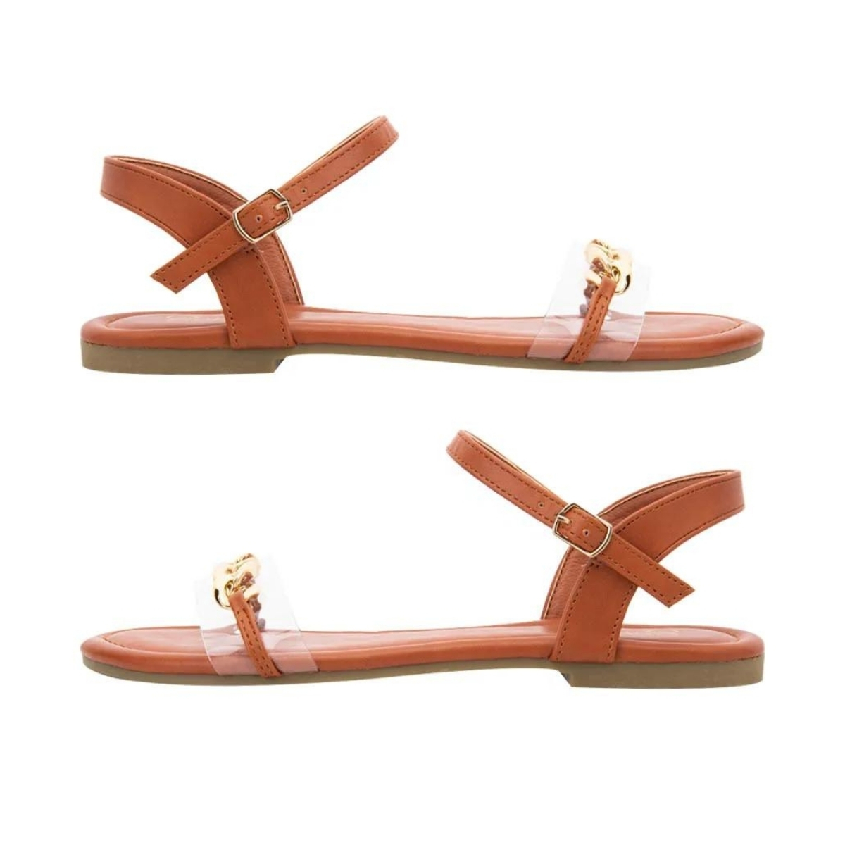 Sandalias planas casuales con adorno de cadena dorada y tira transparente ajustable en el tobillo para mujer