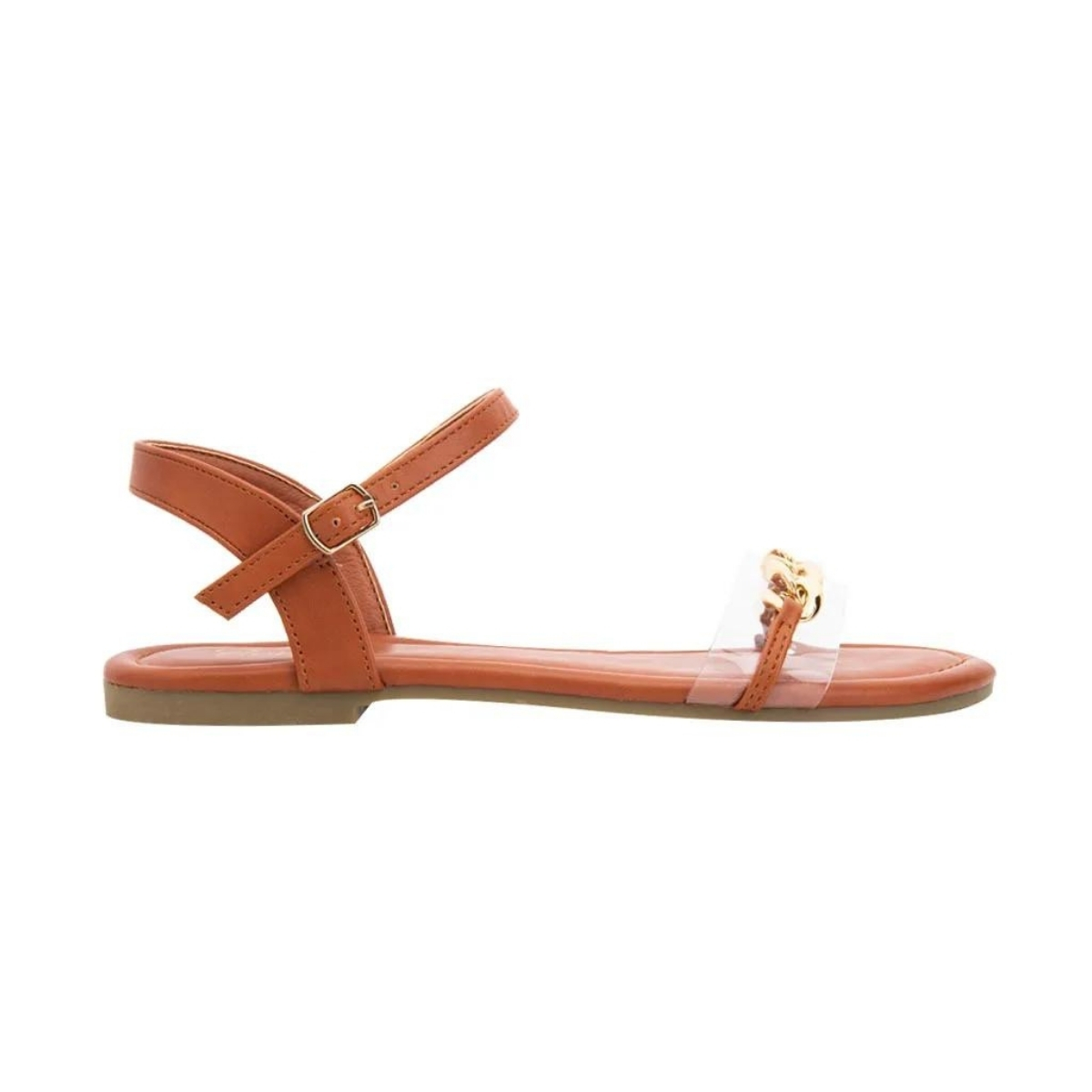 Sandalias planas casuales con adorno de cadena dorada y tira transparente ajustable en el tobillo para mujer