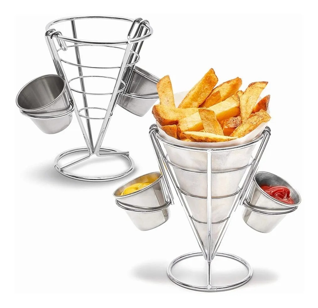 Cono Soporte Papas Fritas Y Botana Acero Inoxidable 2 Dips.