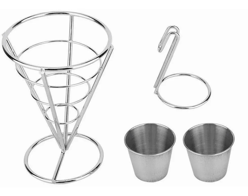Cono Soporte Papas Fritas Y Botana Acero Inoxidable 2 Dips.