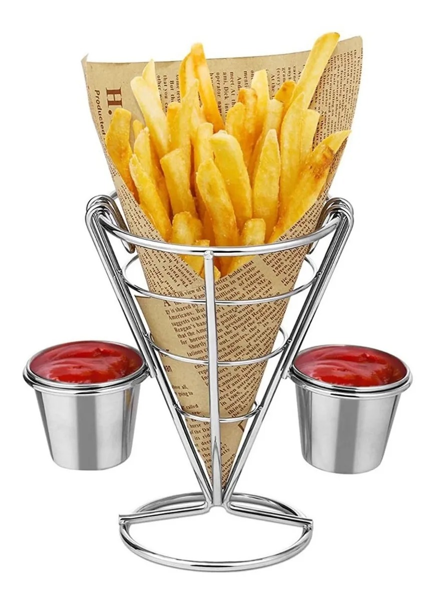 Cono Soporte Papas Fritas Y Botana Acero Inoxidable 2 Dips.