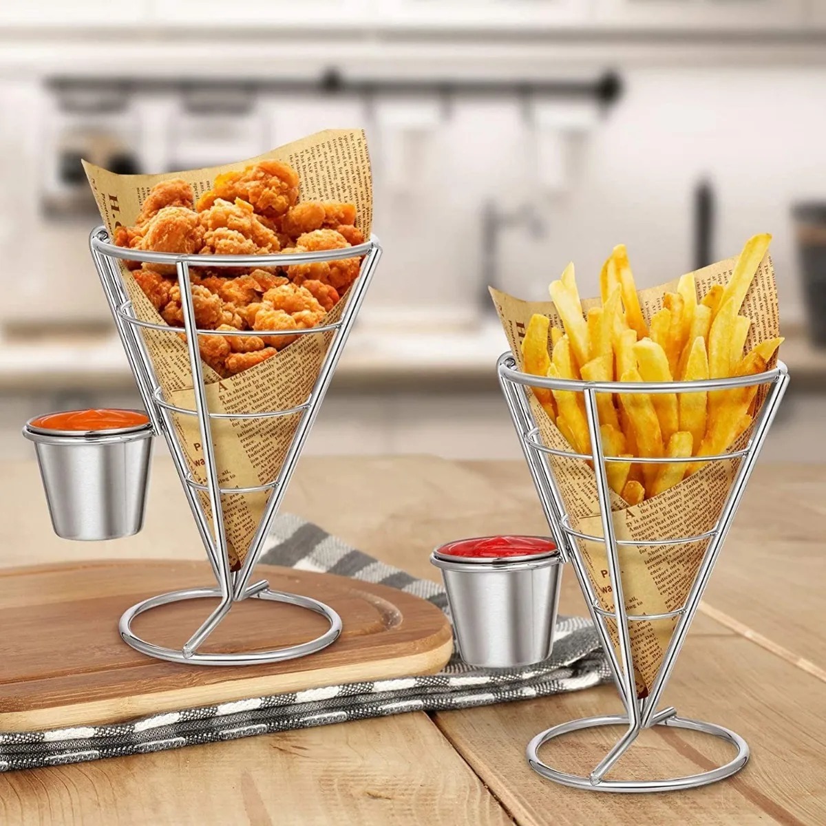 Cono Soporte Papas Fritas Y Botana Acero Inoxidable 2 Dips.