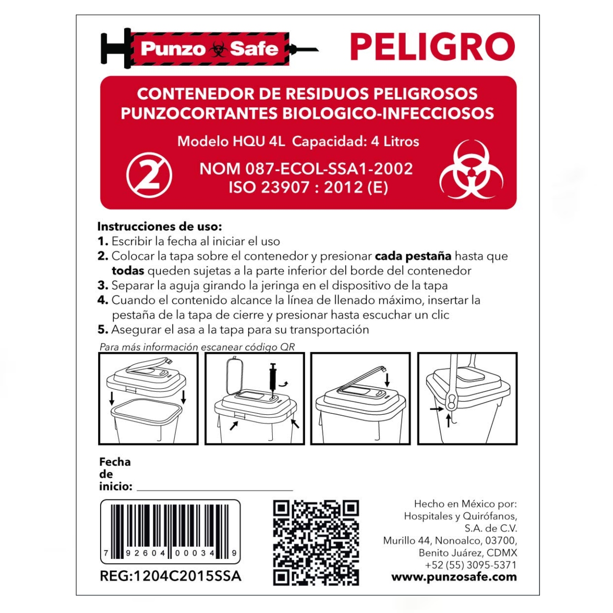 Bote Contenedor Punzosafe Para Punzocortantes RPBI Capacidad De 4 Litros.