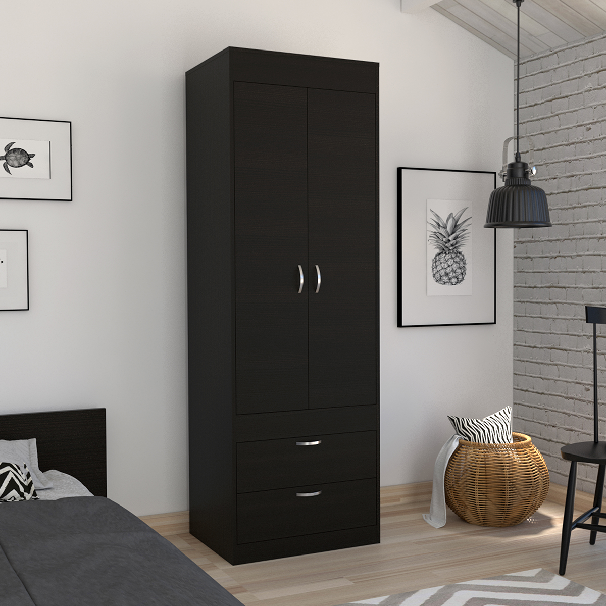CLOSET ARMABLE PARA RECAMARA CON DOS CAJONES Y TUBO PARA COLGAR MODELO LISBOA COLOR CAFE.