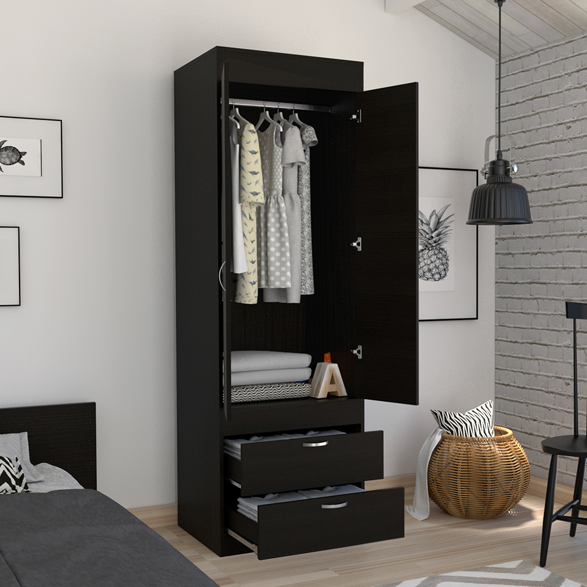 CLOSET ARMABLE PARA RECAMARA CON DOS CAJONES Y TUBO PARA COLGAR MODELO LISBOA COLOR CAFE.