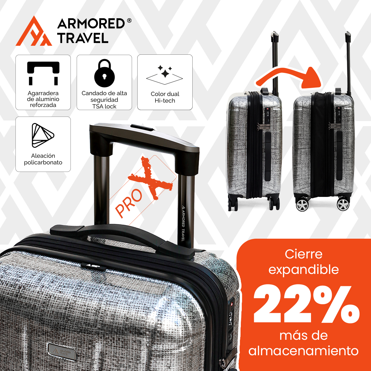 Maleta de mano carry-on cabina policarbonato Pro-x Luna 20 pulgadas capacidad 10 kg rígida con cierre expandible candado de seguridad tsa-lock Armored Travel