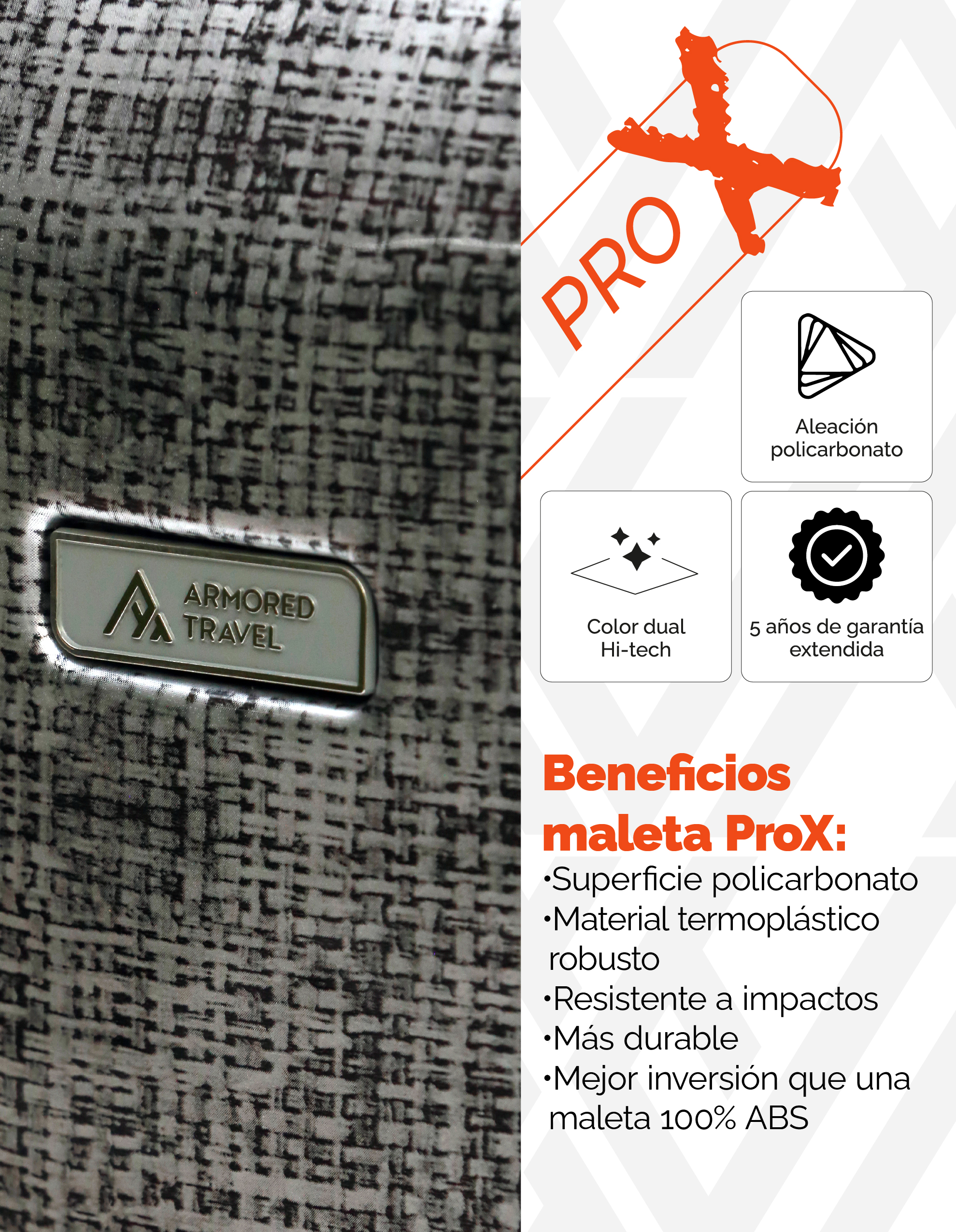 Maleta de mano carry-on cabina policarbonato Pro-x Luna 20 pulgadas capacidad 10 kg rígida con cierre expandible candado de seguridad tsa-lock Armored Travel