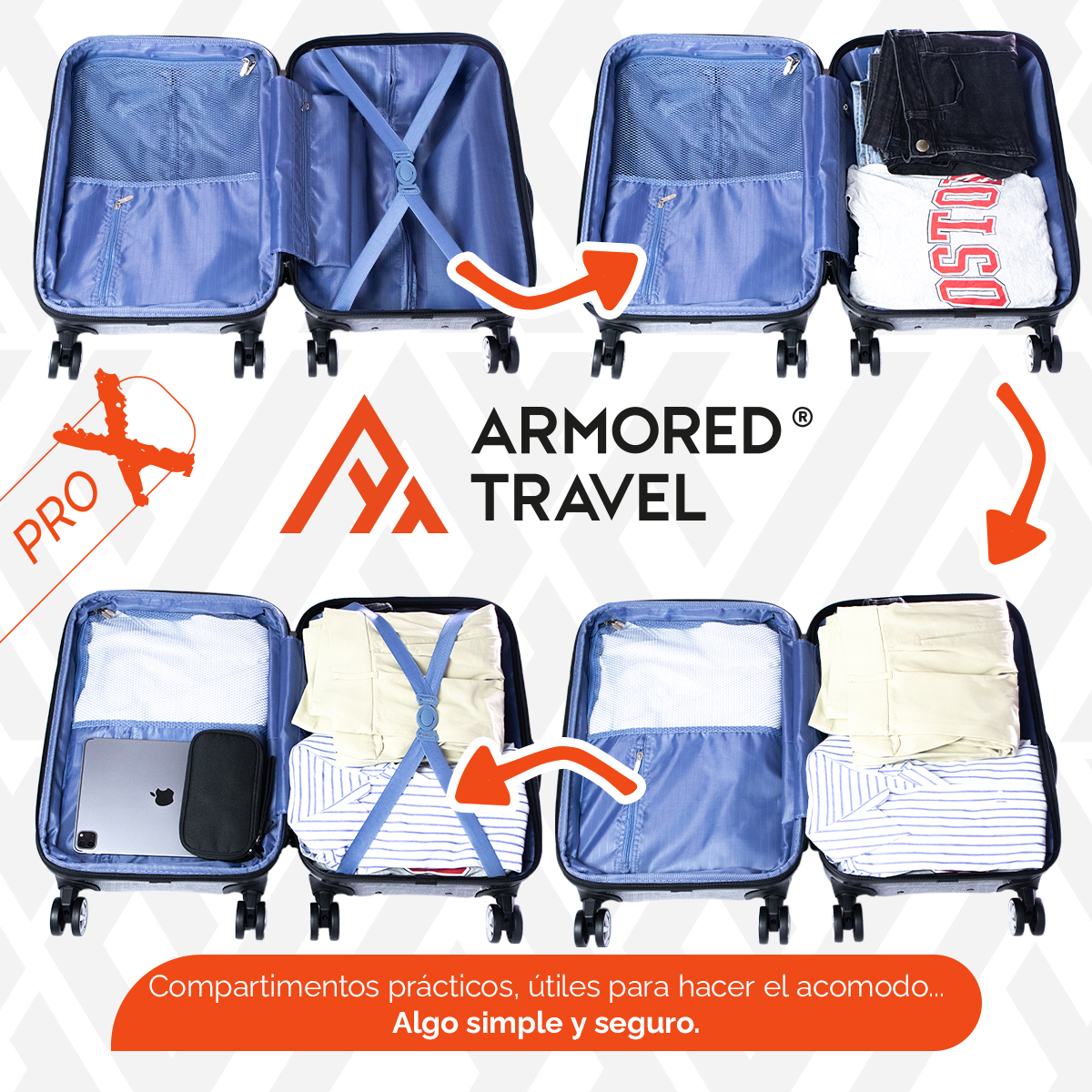 Maleta de mano carry-on cabina policarbonato Pro-x Luna 20 pulgadas capacidad 10 kg rígida con cierre expandible candado de seguridad tsa-lock Armored Travel