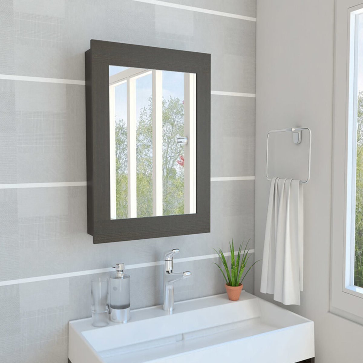GABIENTE PARA BAÑO ARMABLE CON ESPEJO Y ESTANTES INTERNOS MODELO LUMA COLOR CAFE OBSCURO.