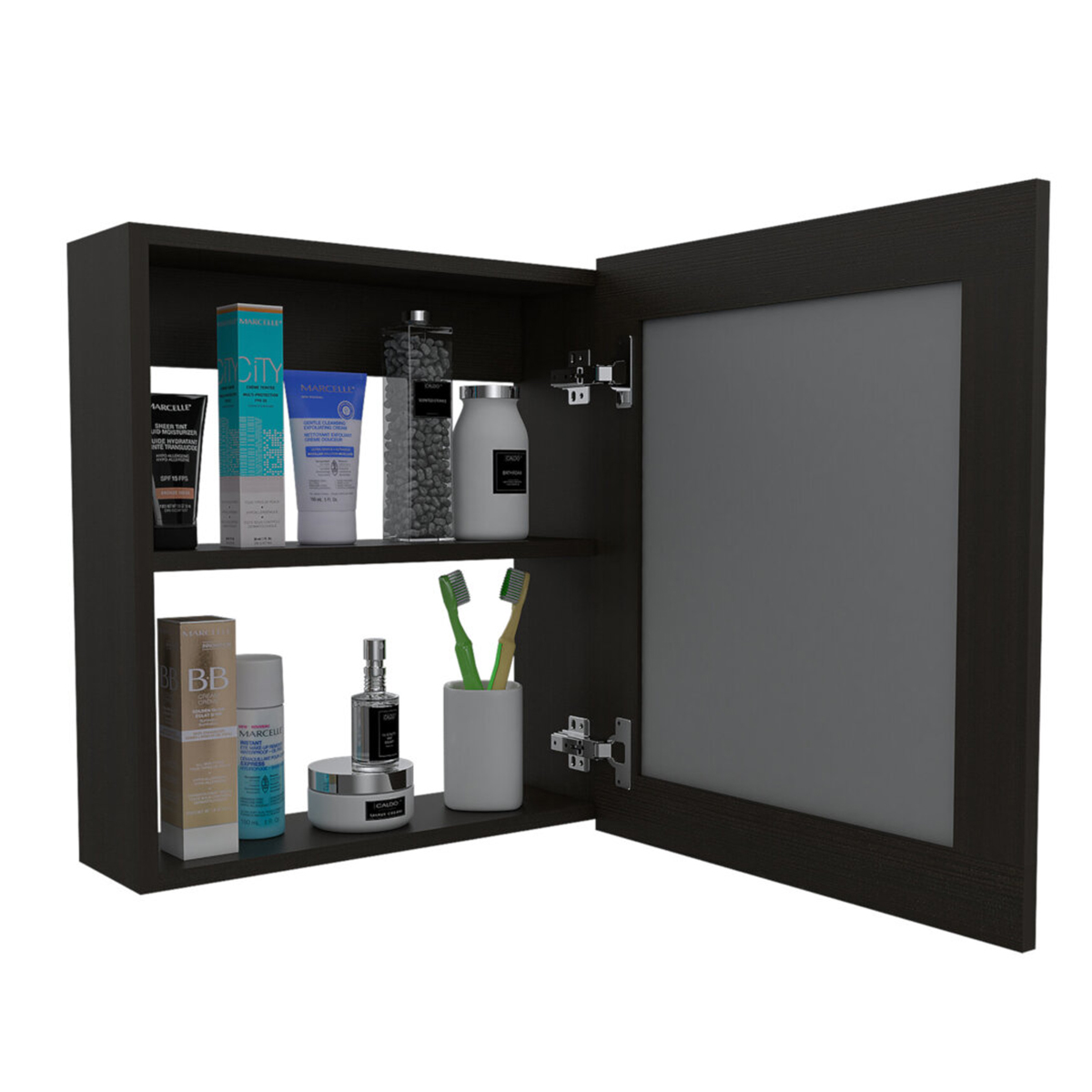 GABIENTE PARA BAÑO ARMABLE CON ESPEJO Y ESTANTES INTERNOS MODELO LUMA COLOR CAFE OBSCURO.