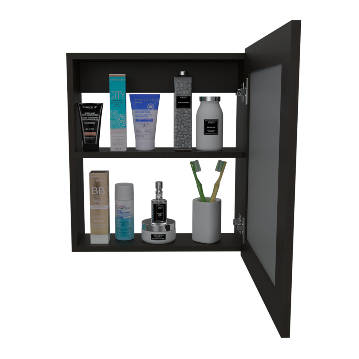 GABIENTE PARA BAÑO ARMABLE CON ESPEJO Y ESTANTES INTERNOS MODELO LUMA COLOR CAFE OBSCURO.