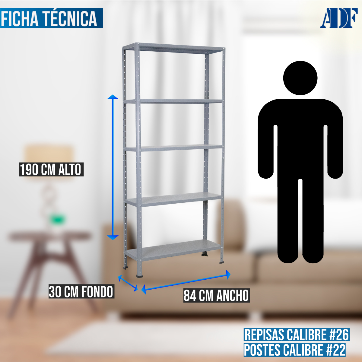  ADF Estante Anaquel Metálico con 5 Repisas Ajustable 190x84x30cm Organizador Color Gris Carga 250kg .