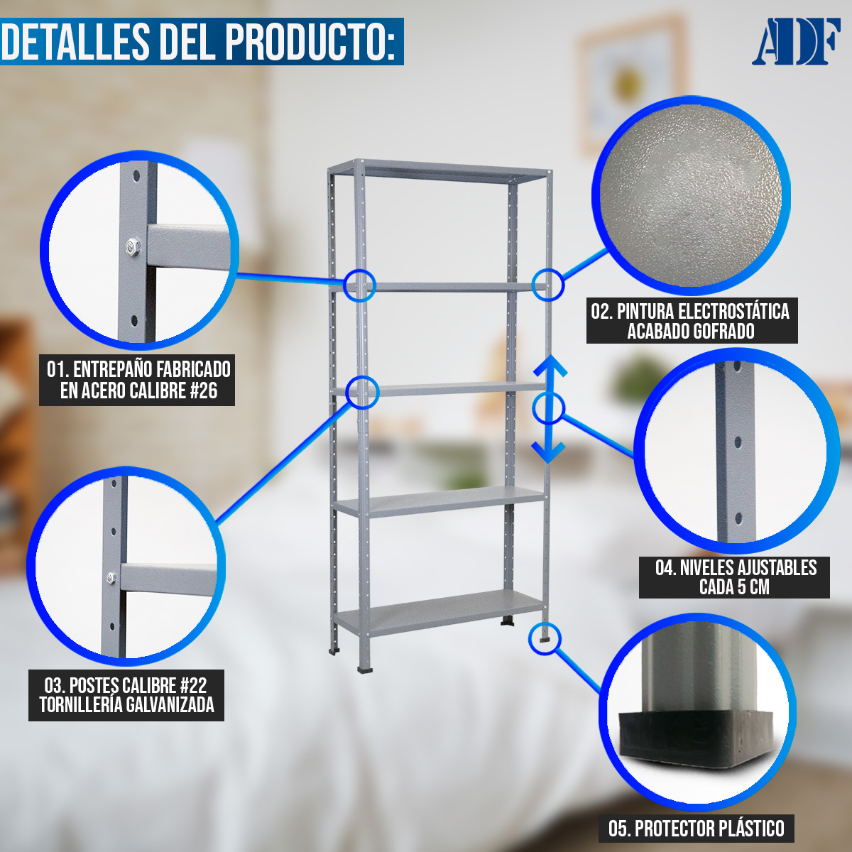 ADF Estante Anaquel Metálico con 5 Repisas Ajustable 190x84x30cm Organizador Color Gris Carga 250kg .