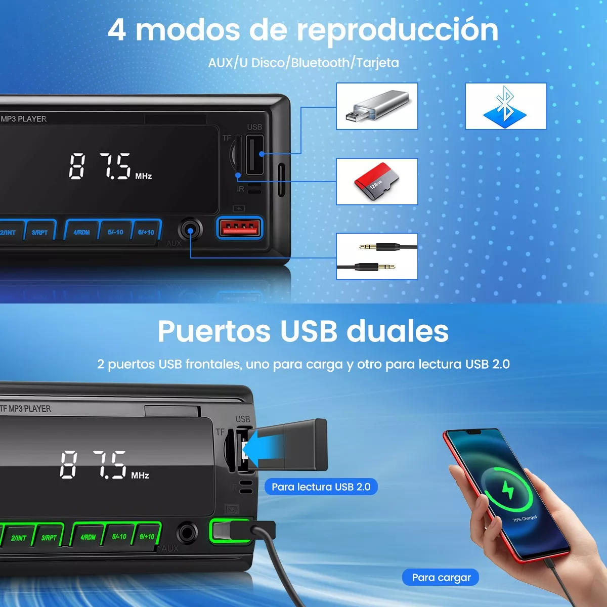 Estéreo Para Auto Con Mp3 2 Usb Bluetooth 1 Din Radio Fm Aux.