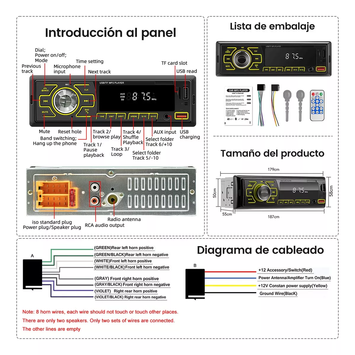Estéreo Para Auto Con Mp3 2 Usb Bluetooth 1 Din Radio Fm Aux.