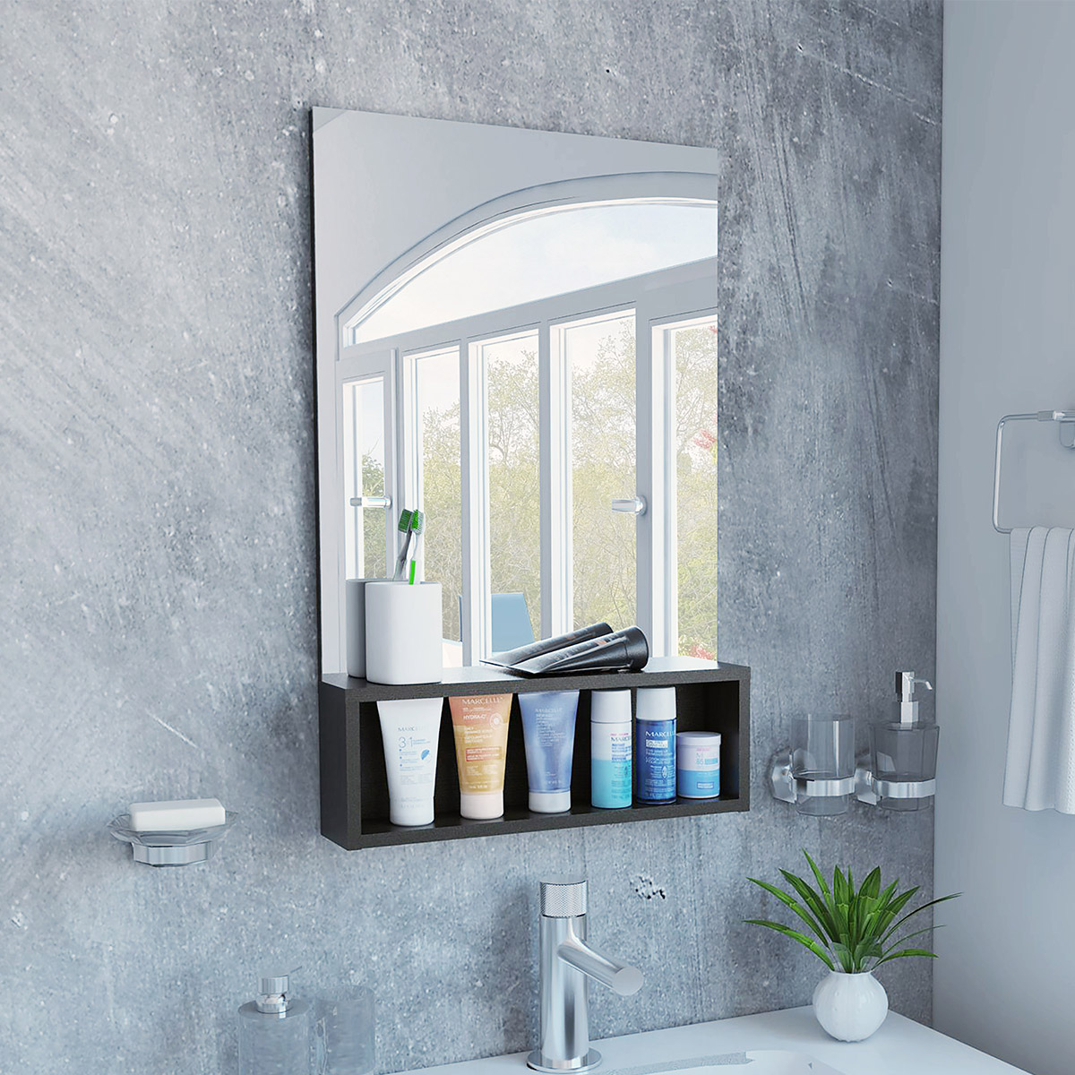 ESPEJO DE BAÑO CON REPISA ARMABLE MODELO BOLTON.