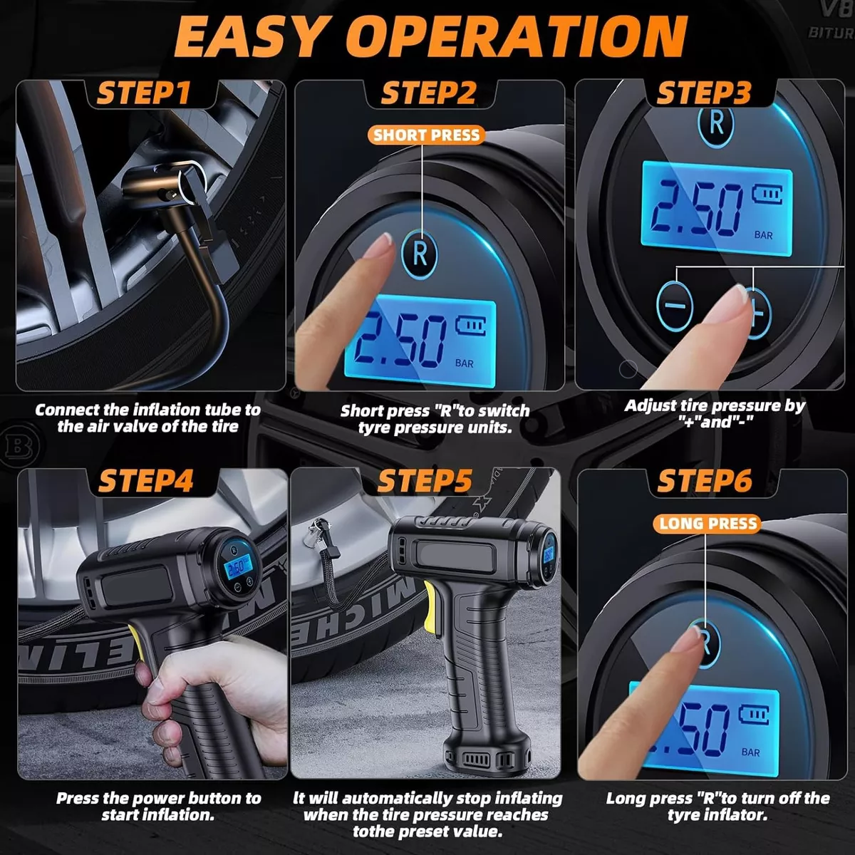 Compresor Inflador Llantas Para Auto Lcd Bomba Aire Portátil.