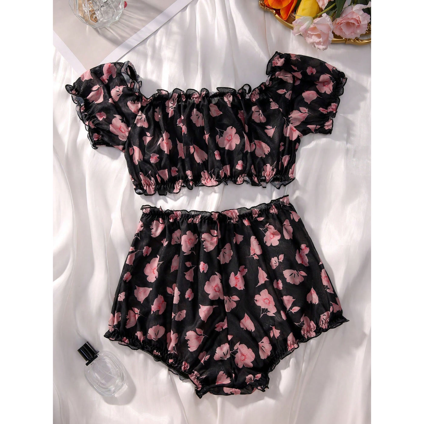 Pijama para dormir con top y short con diseño de flores para mujer