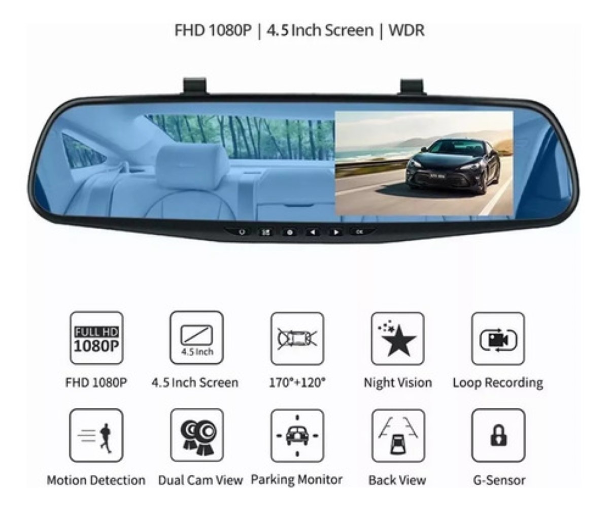 Espejo Retrovisor 4.5 PuLG Doble Cámara Frente Reversa Negro