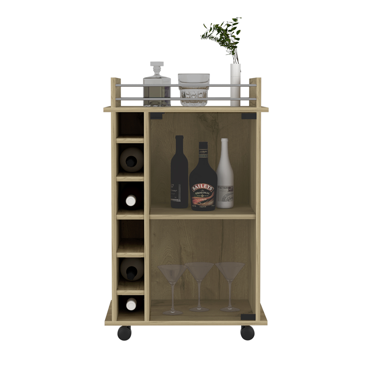 CARRITO BAR ARMABLE CON RUEDAS , ESPACIOS PARA BOTELLAS Y PUERTA DE VIDRIO MODELO DUKAT COLOR DUNA.