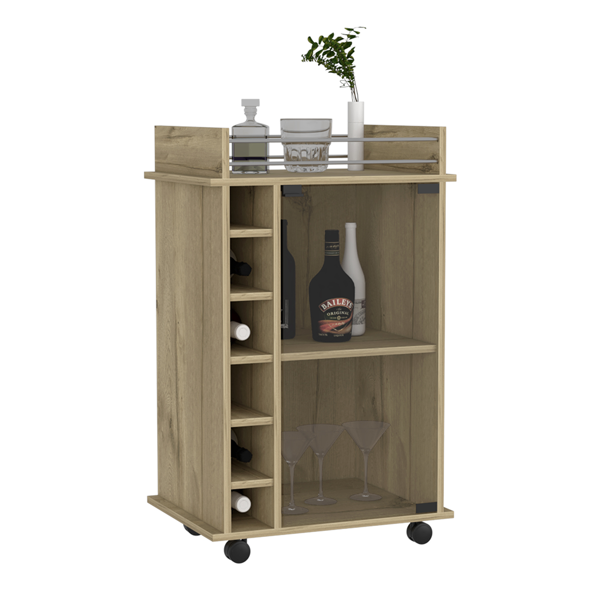 CARRITO BAR ARMABLE CON RUEDAS , ESPACIOS PARA BOTELLAS Y PUERTA DE VIDRIO MODELO DUKAT COLOR DUNA.