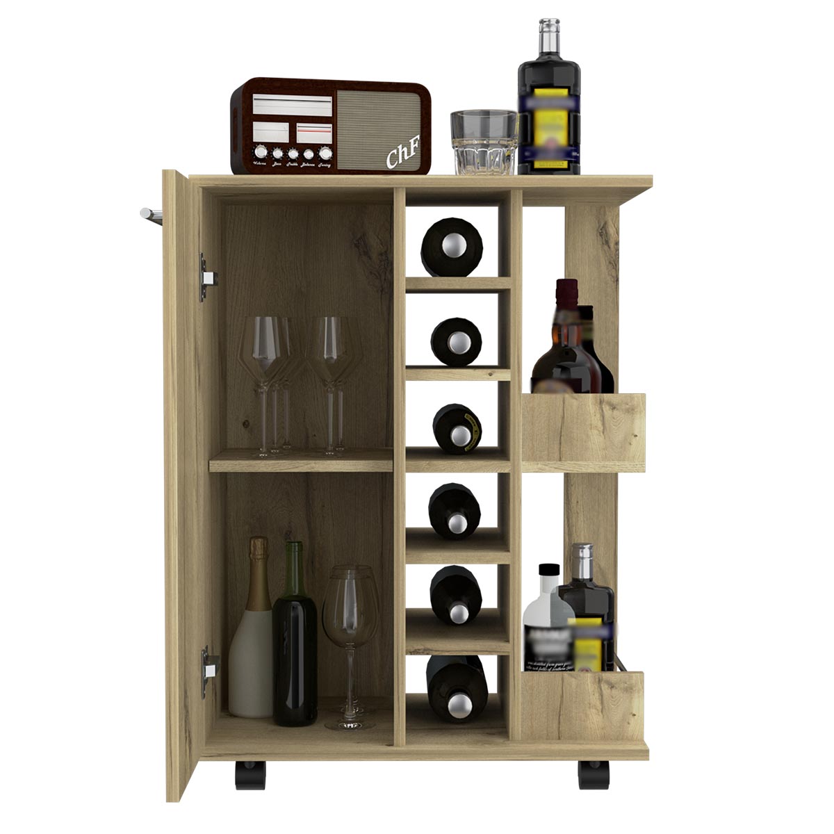 MODULO CARRO BAR ARMABLE CON RUEDAS DOS ENTREPAÑOS Y ESPACIOS PARA SEIS BOTELLAS COLOR BEIGE.