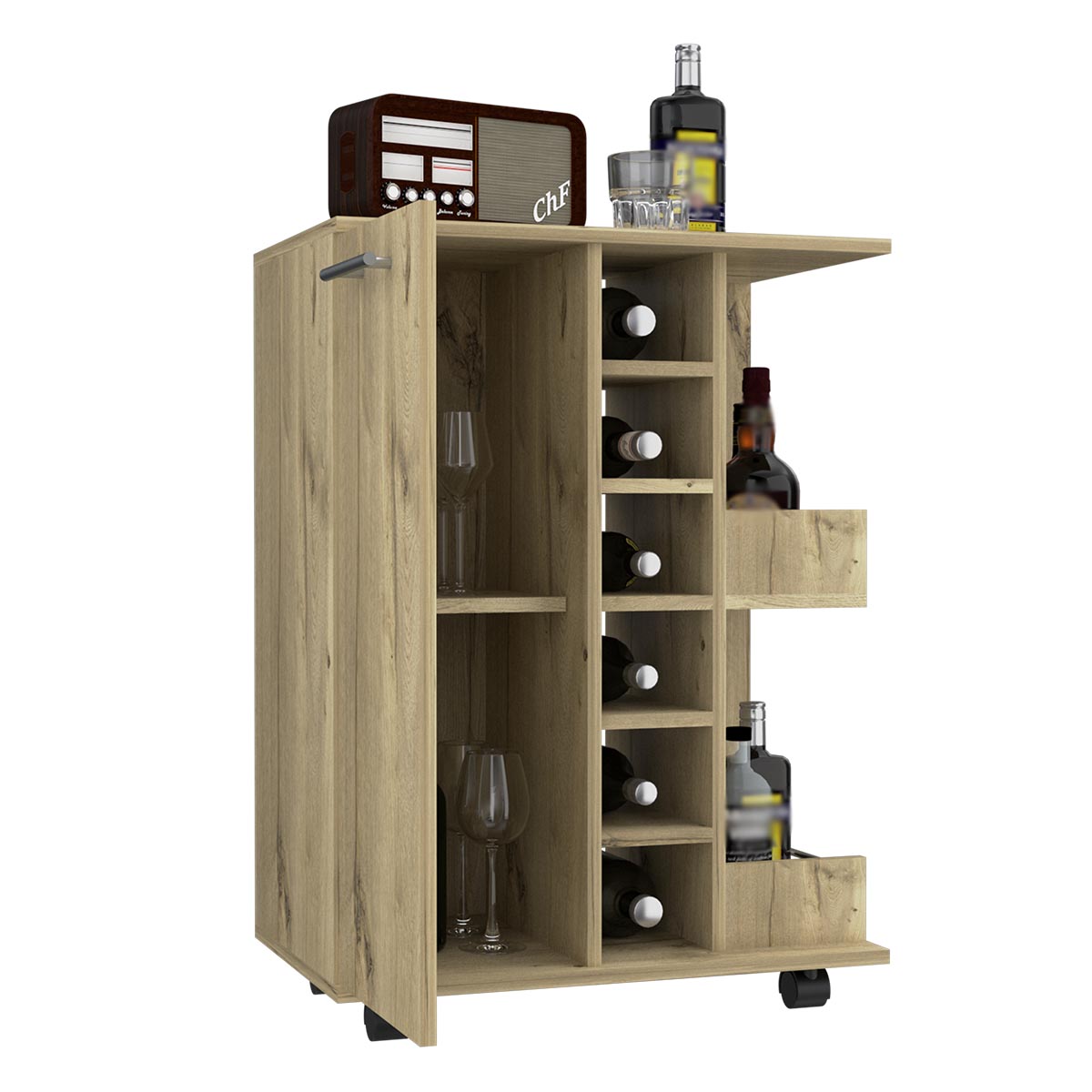 MODULO CARRO BAR ARMABLE CON RUEDAS DOS ENTREPAÑOS Y ESPACIOS PARA SEIS BOTELLAS COLOR BEIGE.
