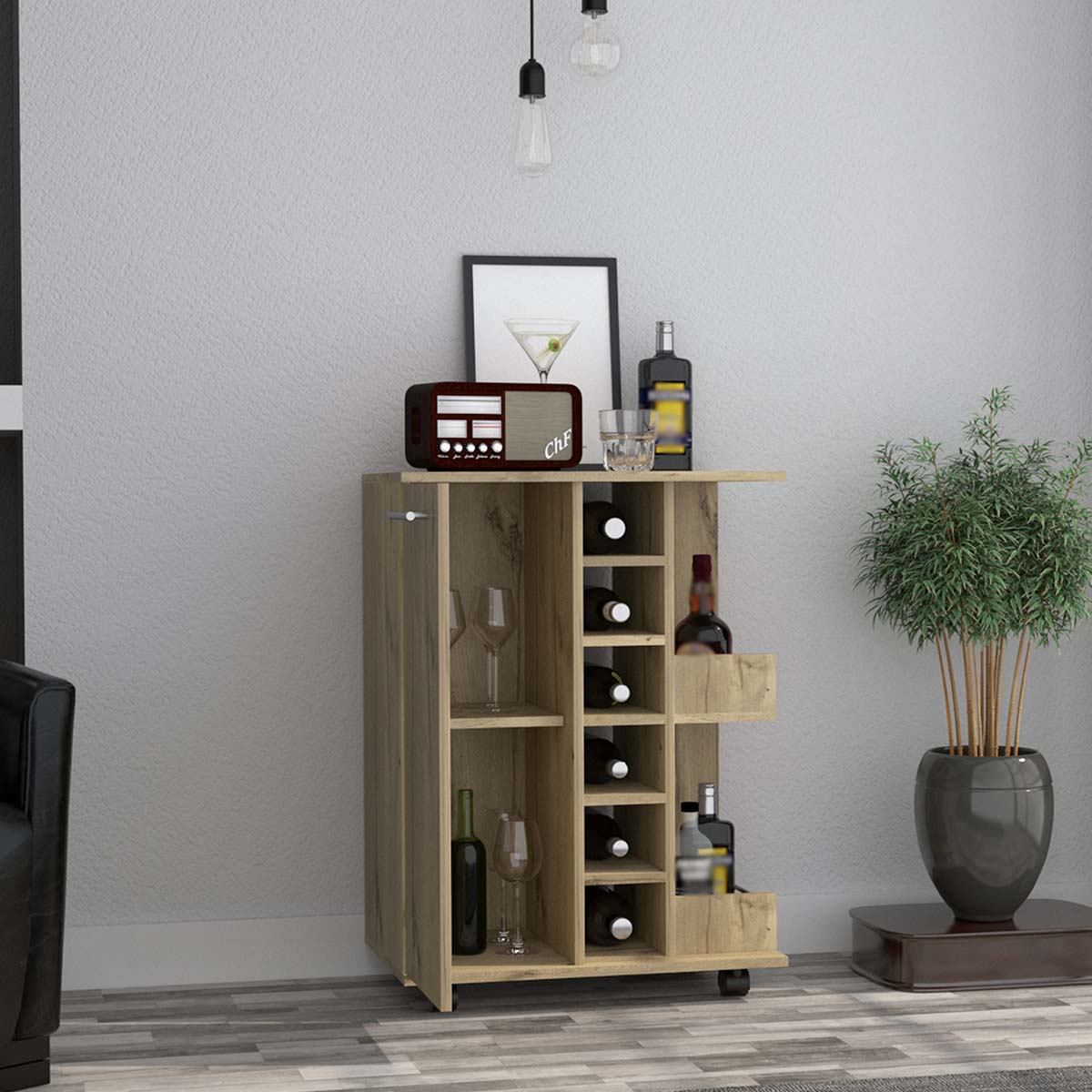 MODULO CARRO BAR ARMABLE CON RUEDAS DOS ENTREPAÑOS Y ESPACIOS PARA SEIS BOTELLAS COLOR BEIGE.
