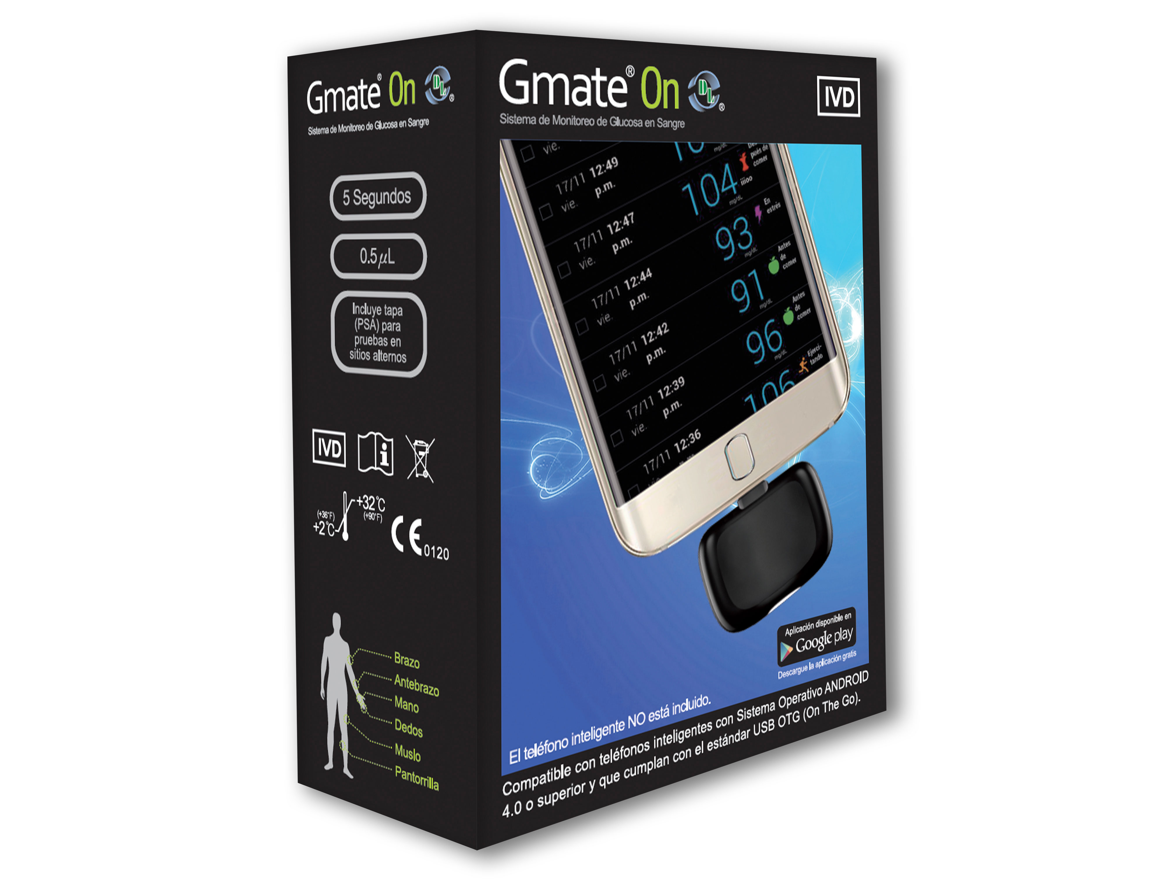 Glucómetro Gmate On Compatible con Dispositivos Android,Kit con accesorios incluidos, medidor de glucosa en sangre portatil.