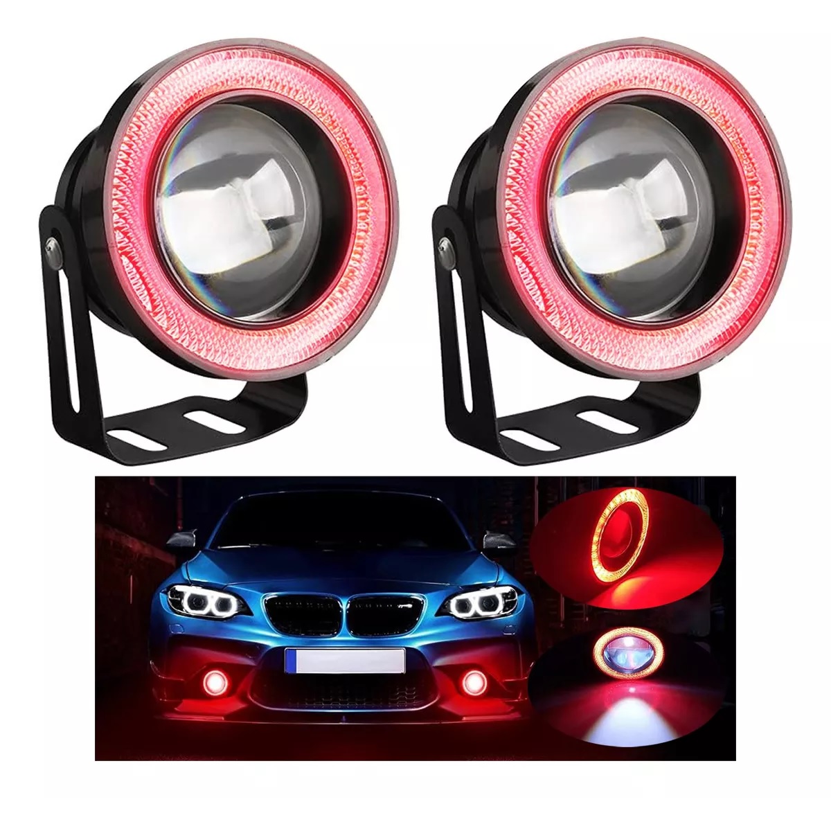 2pz Faros Antiniebla 3.5¨ Auxiliares Ojo De Angel Color Auto Rojo.
