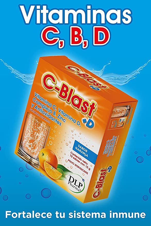 C-Blast+D, Vitamina C, Vitamina D, Complejo B, Zinc y Antioxidantes Polvo Efervescente Sabor Naranja (caja con 10 sobres)