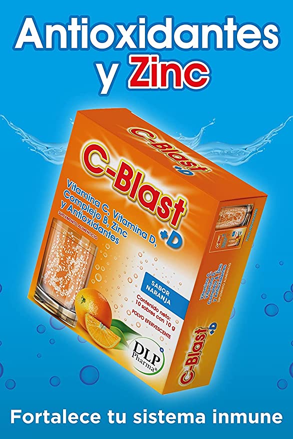 C-Blast+D, Vitamina C, Vitamina D, Complejo B, Zinc y Antioxidantes Polvo Efervescente Sabor Naranja (caja con 10 sobres)