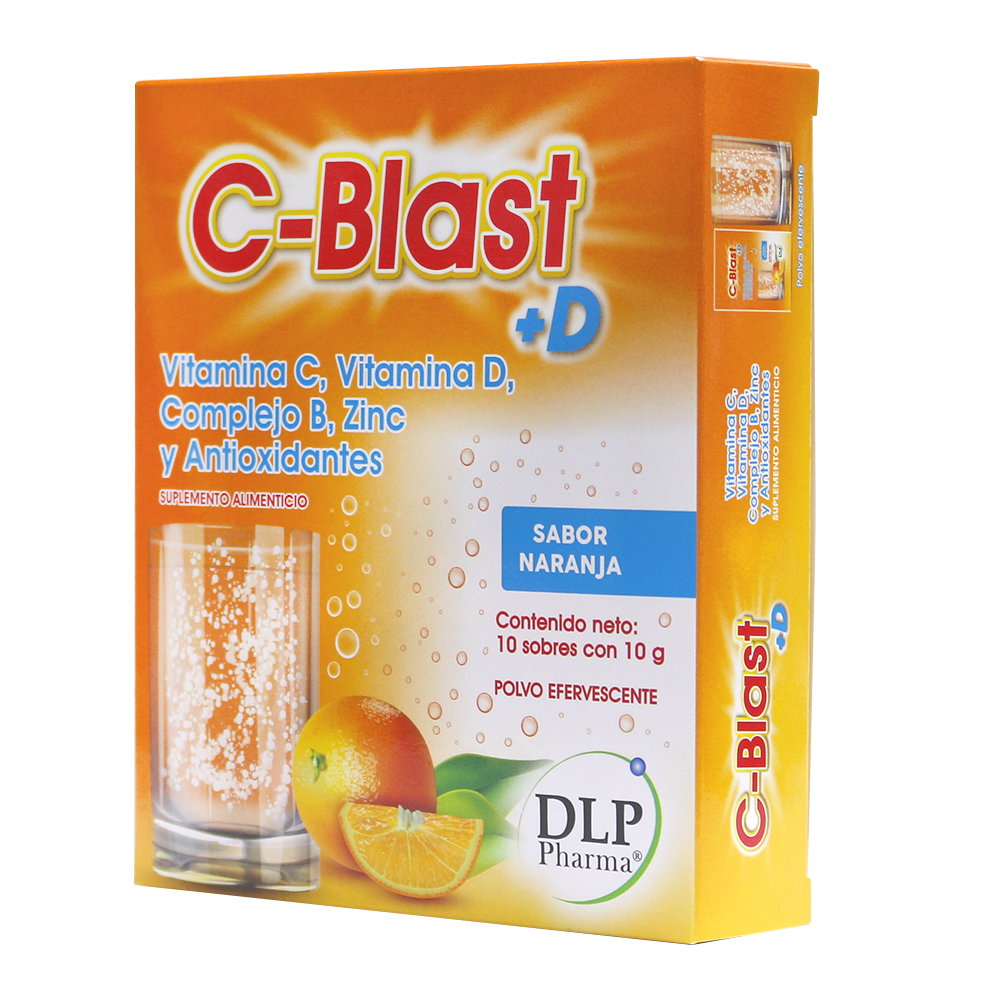 C-Blast+D, Vitamina C, Vitamina D, Complejo B, Zinc y Antioxidantes Polvo Efervescente Sabor Naranja (caja con 10 sobres)