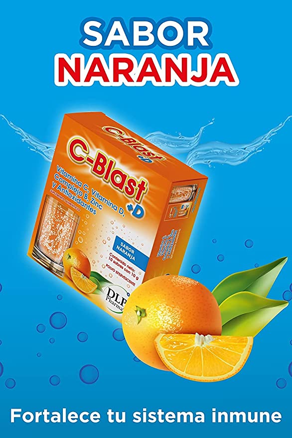 C-Blast+D, Vitamina C, Vitamina D, Complejo B, Zinc y Antioxidantes Polvo Efervescente Sabor Naranja (caja con 10 sobres)